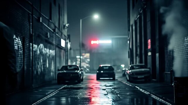 A dimly lit urban alleyway at night with two figures and a vehicle
