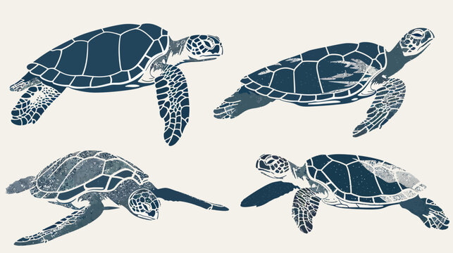 Four stylized illustrations of turtles in shades of blue with a textured finish on a cream background