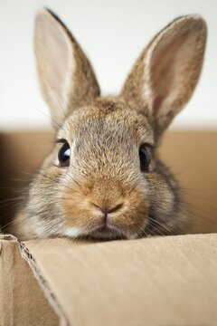 a cute rabbit peeking out of a cardboard shipping box