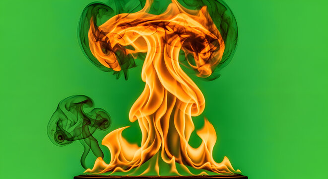 Vibrant flames rise from green screen background with dynamic orange and yellow hues