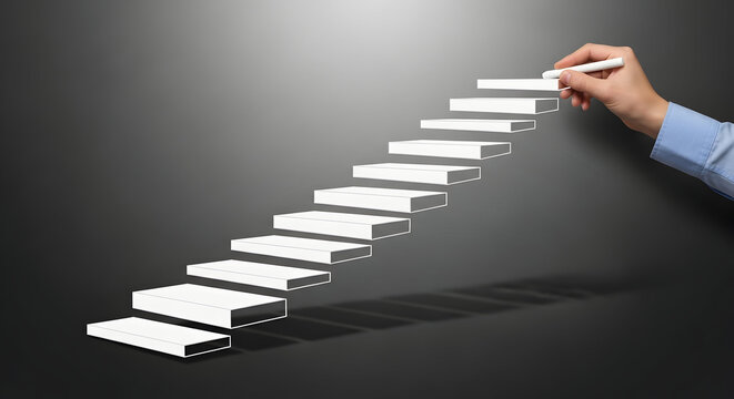 A person building a staircase with white blocks on a dark surface