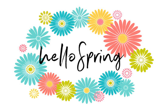 hello spring colorful flowers wreath with text