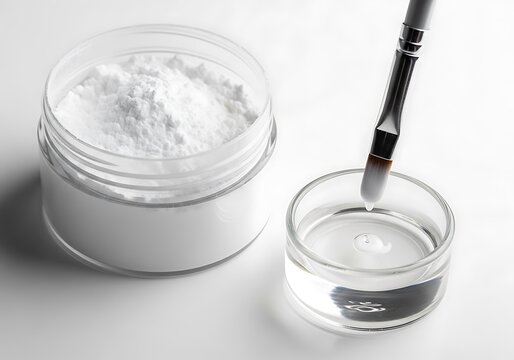 Acrylic powder jar with monomer liquid and makeup brush on white background for nail art preparation