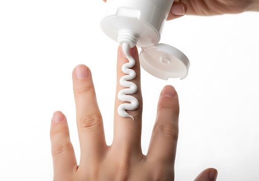Hand holding white cream tube squeezing product onto finger against clean background