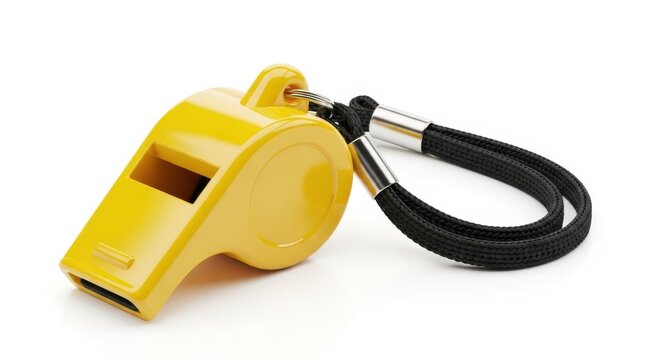 Yellow plastic sports whistle with black cord