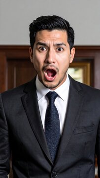 A man in a suit, with dark hair and eyes, expresses extreme surprise, mouth agape, staring forward