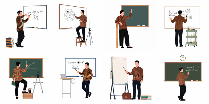 Set of Illustrations Featuring Indonesian Male Teachers in Batik Shirts Teaching Various Science Subjects on Whiteboards and Blackboards