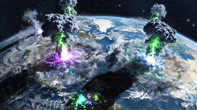 Cinematic View of Planet Earth Experiencing Global Catastrophic Energy Explosions and Destruction from Space