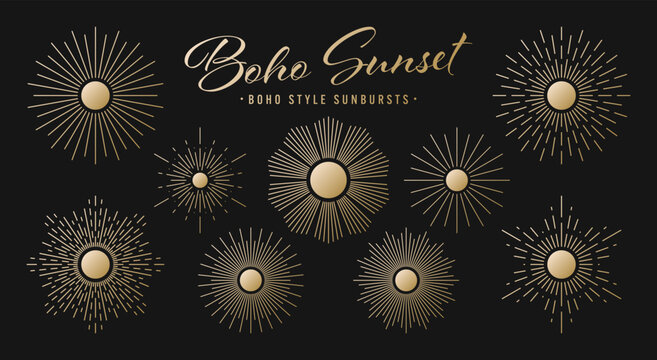 Vintage golden sunburst, sunset beams collection. Boho style, modern minimalist bohemian design. Hand drawn bursting sun, light rays. Logotype or lettering retro design element. Vector illustration
