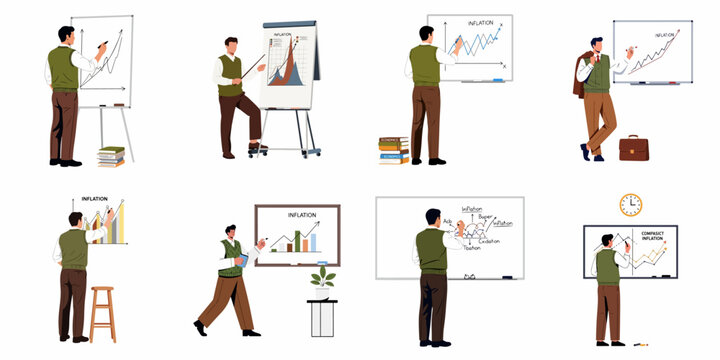 Set of illustrations depicting a male economist or teacher explaining rising inflation using various charts and graphs on whiteboards and flip charts.