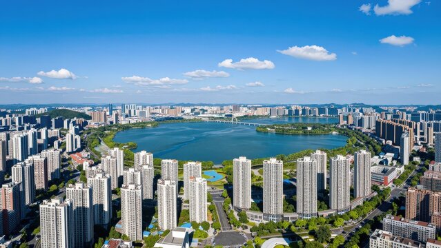 Wide‑angle aerial drone view of a vast modern cityscape encircling a large blue lake, with dense clusters of high‑rise residential skyscrapers, a long bridge crossing the water and lush urban greenery