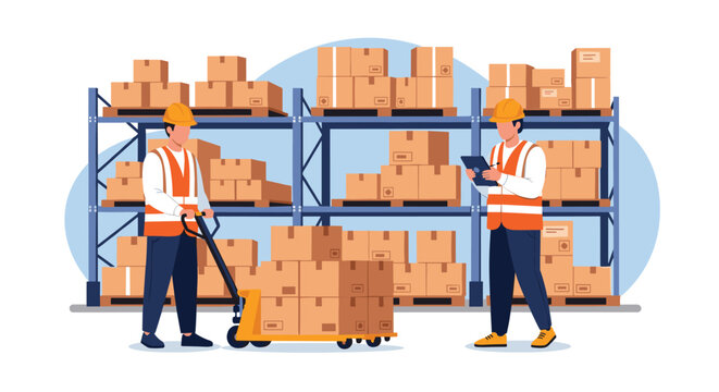 Two warehouse employees wearing orange safety vests and yellow helmets managing stock with a pallet jack and a digital tablet device.