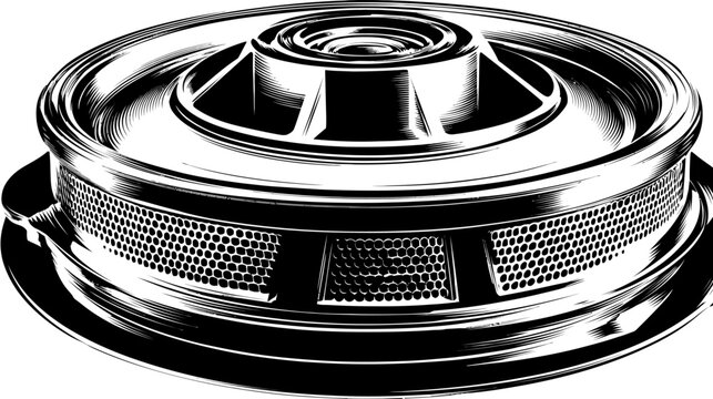 A detailed illustration of a metallic engine component with a circular design