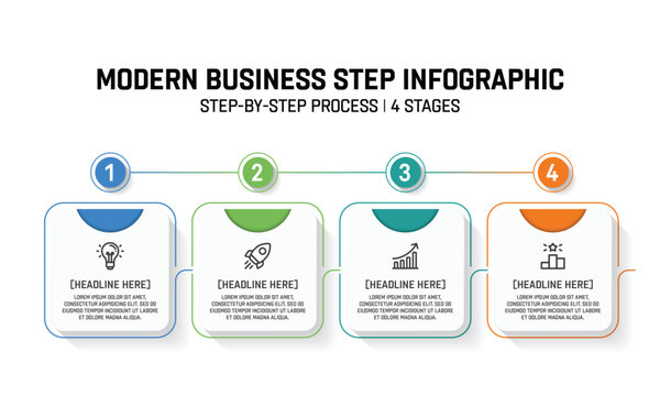 Modern business step infographic displaying a four stage horizontal process