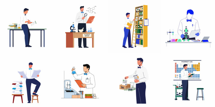 Collection of flat vector illustrations depicting a male scientist or pharmacist performing various laboratory tasks, research, and documentation in a medical setting.