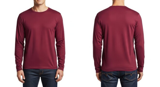 A man wearing a maroon long-sleeved shirt and blue jeans poses in front and back views on a white background