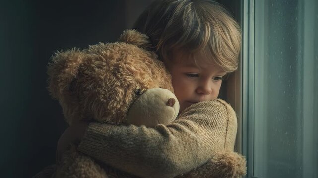 A young child with blonde hair hugs a soft teddy bear while gazing thoughtfully out a window on a rainy day. The cozy indoor scene evokes feelings of comfort and nostalgia