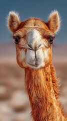 Fototapeta premium Camel close up face texture desert background blur white background