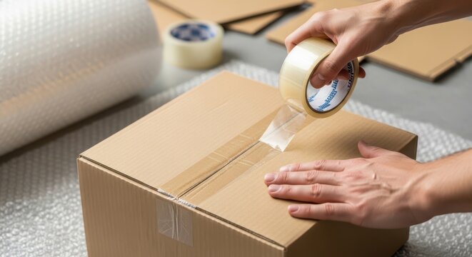 A person sealing a cardboard box with packing tape on a table
