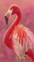 Fototapeta premium Flamingo preening feathers, pastel background isolated on a white background