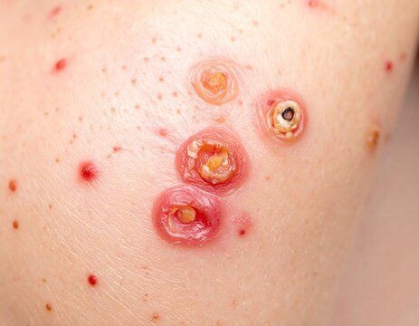 Healing Chickenpox Scabs and Red Spots on Skin