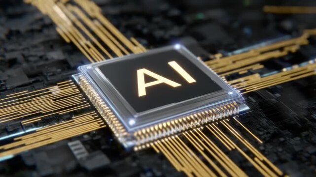AI Chip Powering Innovation: A detailed depiction of a high-tech AI chip, intricately designed and symbolizing the forefront of technological advancement.