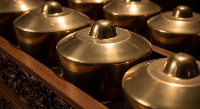 Close-up of Golden Bronze Bonang Gongs in a Traditional Javanese Gamelan Ensemble
