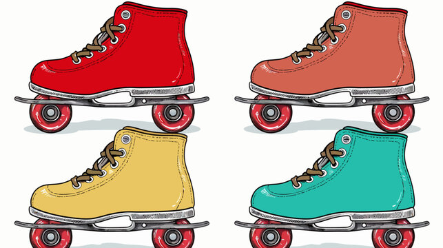Four retro roller skates in red, coral, yellow, and turquoise, illustrated on white