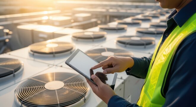 A man in a yellow safety vest using a tablet to inspect air conditioning units on a rooftop
