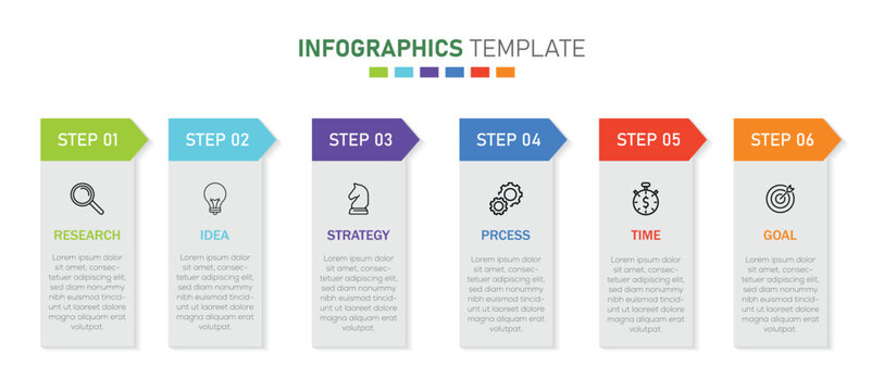 Business process infographic timeline with 6 steps. Modern infographic design template with clean layout elements. Vector illustration.