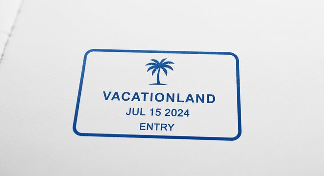 A crisp, clean graphic stamp with "VACATIONLAND JUL 15 2024 ENTRY" text and a stylized palm tree icon, signifying arrival and tropical holiday planning, presented on a white background.