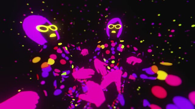 4K seamless VJ loop with four dancing figures in star-patterned bodysuits and glowing helmets for VJ sets, high-tech club visuals, electronic music festivals, stage screens and for LED video walls