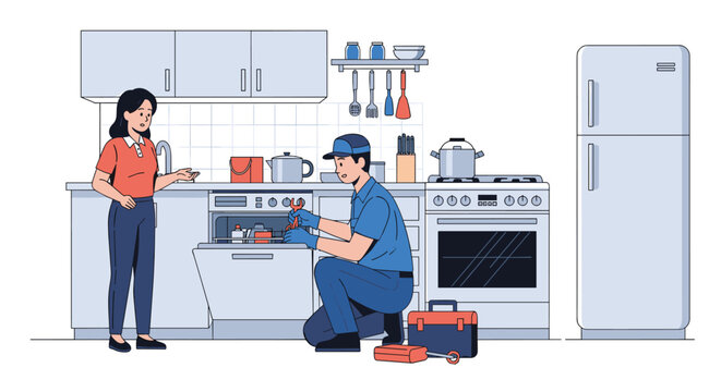 Skilled repairman in a blue uniform fixing a broken kitchen dishwasher while explaining the process to a concerned homeowner.