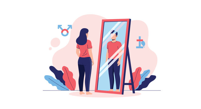 Transgender individual looking into a mirror seeing their true gender identity reflected with supportive symbols in background.