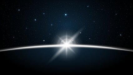 Glowing Earth Horizon Sunrise with Stars and Planet Eclipse – Cosmic Space Backdrop Banner Technology Vector Illustration © Jer