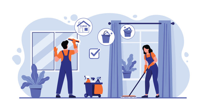 Professional home cleaning crew with a man washing glass windows and a woman mopping floors using specialized equipment and tools.