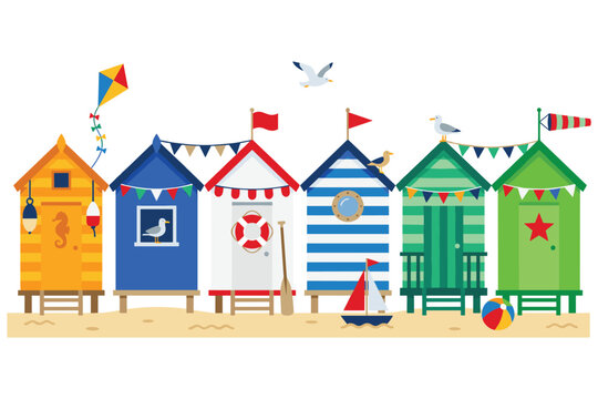 A row of colorful beach huts on sand with sea animals kites and a sailboat.