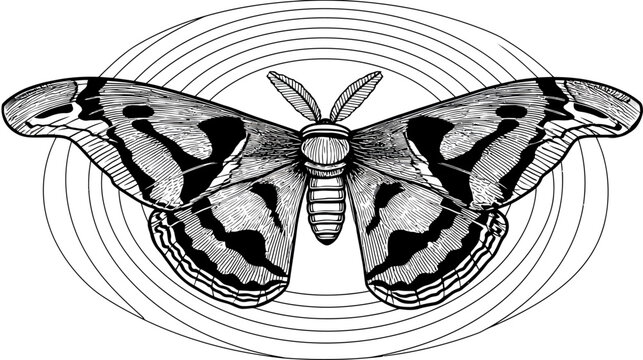 A detailed, monochrome illustration of a moth with intricate wing patterns, encircled by concentric arcs