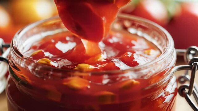 Closeup of delicious homemade fruit jam being scooped from a jar.