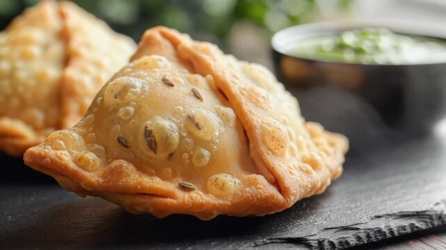 Delicious Golden Samosas Served with Mint Chutney on a Dark Slate.
