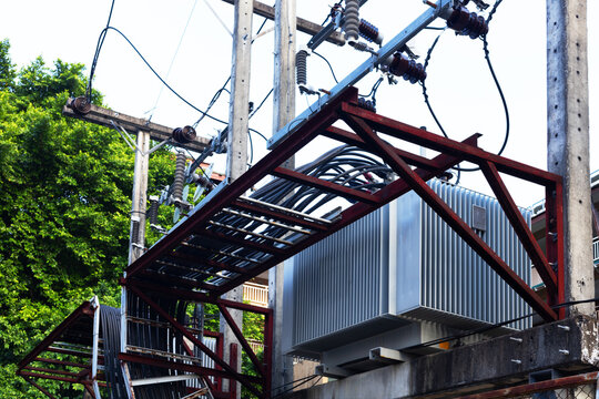 Electrical power transformer in city.