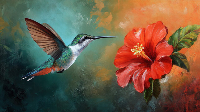 colourful, flying, hibiscus, hummingbird, drinking, drop, feather, feeding, hovering, rain, vibrant, wing, beak, beauty, bird, exotic, fauna, floral, flower, flower petals, macro, nature, nectar