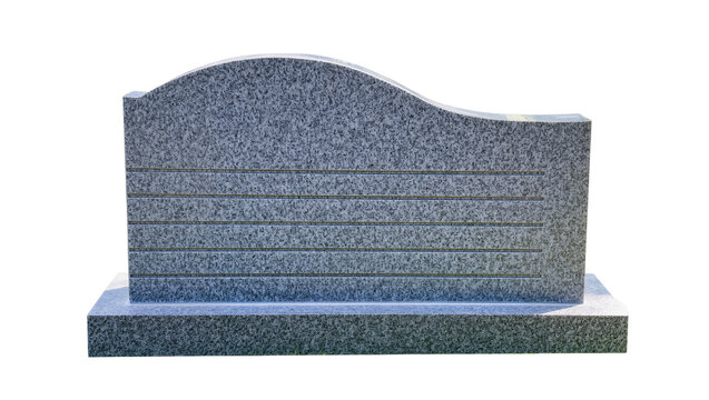 Polished gray granite headstone with carved horizontal lines, resting on a square base