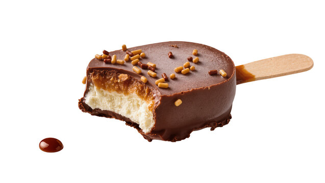 Bitten chocolate ice cream bar sprinkled with brown sprinkles, attached to a wooden stick