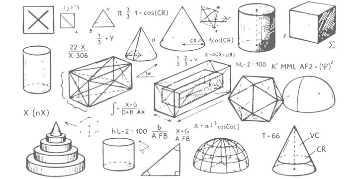 A detailed mathematical sketch featuring various geometric shapes and complex algebraic equations. isolated on white background, Vector, illustration