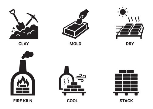Brick production process showing clay extraction and mold drying stages for vector illustration set.
