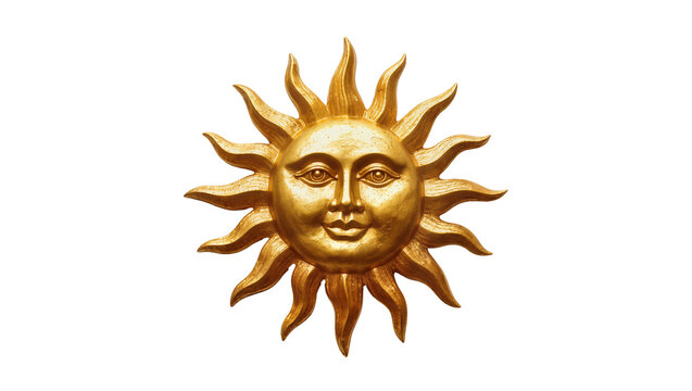 Golden ornate sun face radiating spiky rays, depicting a smiling visage