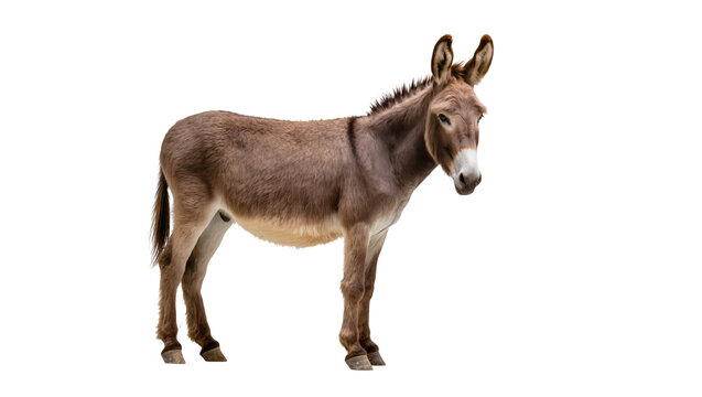 Brown domestic donkey standing facing left, displaying long ears and dark mane