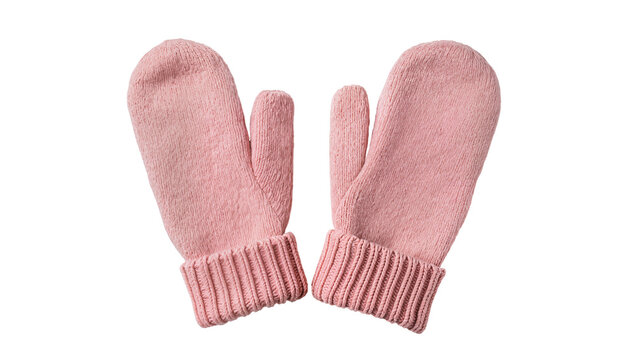 Dusty rose knitted mittens, displaying ribbed cuffs and cozy textures