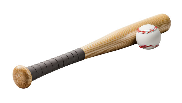 Wooden baseball bat with dark grip, resting beside a stitched leather ball